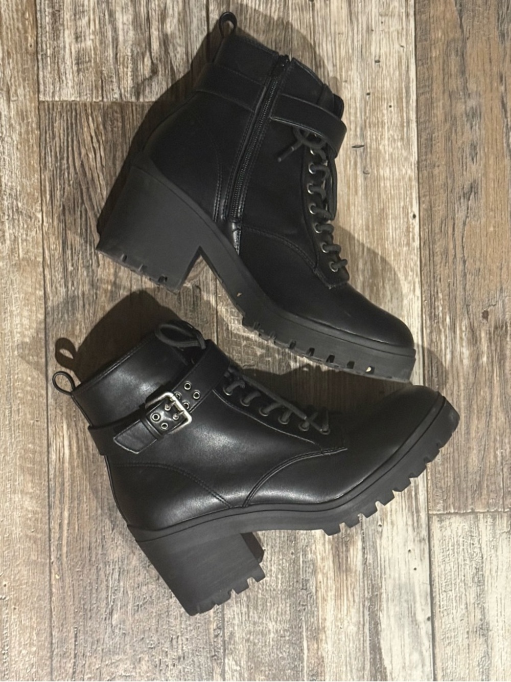 No Boundaries Black Lace-Up Moto Ankle Boots with Buckle Strap